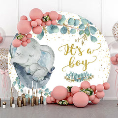Lofaris Cute Sleeping Baby Elephant and Eucalyptus Round Backdrop Gold Glitter Its a Boy Shower Party Decor