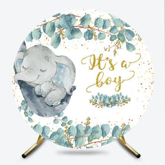 Lofaris Cute Sleeping Baby Elephant and Eucalyptus Round Backdrop Gold Glitter Its a Boy Shower Party Decor
