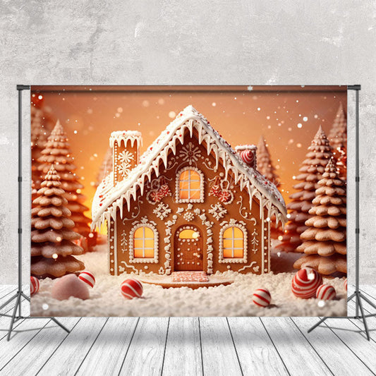 Lofaris Cute Snow Gingerbread House Tree Christmas Backdrop