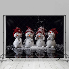 Lofaris Cute Snowmen Christmas Backdrop Four Snowman Figures with Red Hats Falling Snow Winter Photo Background