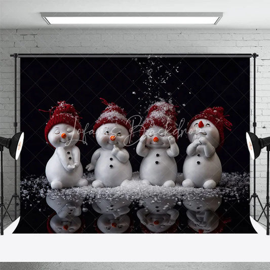 Lofaris Cute Snowmen Christmas Backdrop Four Snowman Figures with Red Hats Falling Snow Winter Photo Background