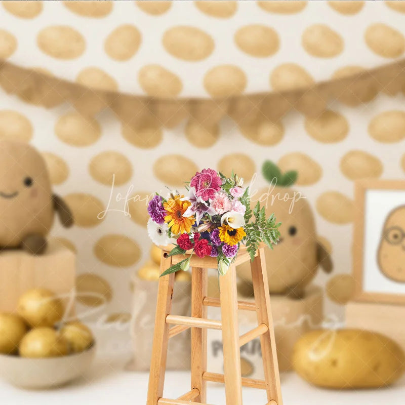 Lofaris Cute Spud Potato Pattern and Plushie Photo Backdrop One Sweet Birthday Photography Background