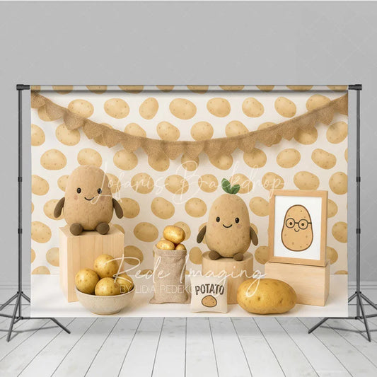 Lofaris Cute Spud Potato Pattern and Plushie Photo Backdrop One Sweet Birthday Photography Background