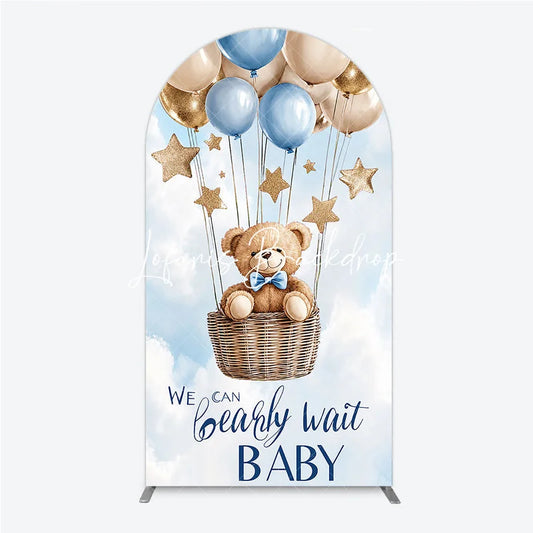 Lofaris Cute Teddy Bear Blue and Gold Balloons Round Top Arch Backdrop We Can Bearly Wait Baby Shower Decor