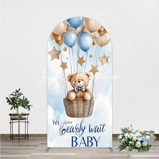 Lofaris Cute Teddy Bear Blue and Gold Balloons Round Top Arch Backdrop We Can Bearly Wait Baby Shower Decor