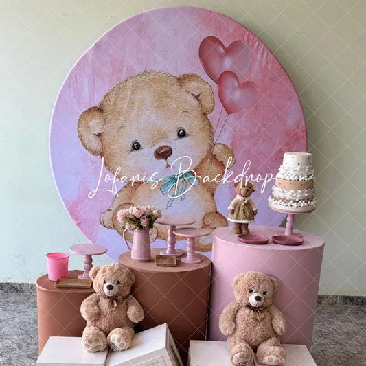 Lofaris Cute Teddy Bear with Heart Balloons Round Backdrop Pink Watercolor Background Kids Birthday or Baby Shower