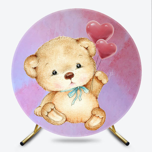 Lofaris Cute Teddy Bear with Heart Balloons Round Backdrop Pink Watercolor Background Kids Birthday or Baby Shower