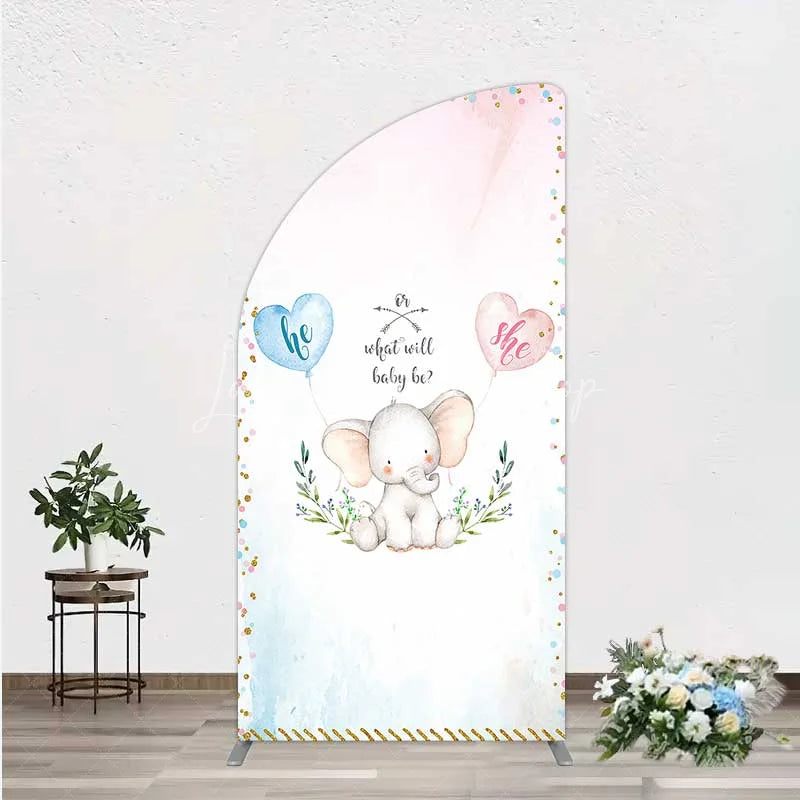 Lofaris Cute Watercolor Baby Elephant Gender Reveal Half Moon Arch Backdrop Pink Blue Hearts Or What Will Be Party