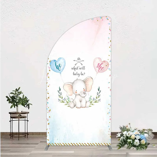 Lofaris Cute Watercolor Baby Elephant Gender Reveal Half Moon Arch Backdrop Pink Blue Hearts Or What Will Be Party