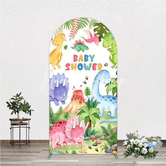 Lofaris Cute Watercolor Cartoon Dinosaur Jungle Baby Shower Round Top Arch Backdrop Prehistoric Party Decor.