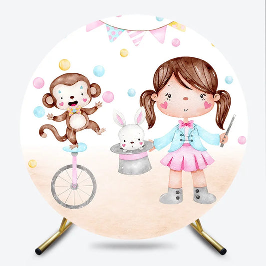 Lofaris Cute Watercolor Circus Magician Girl and Monkey Round Backdrop Rabbit in Hat Unicycle Birthday Party Decor