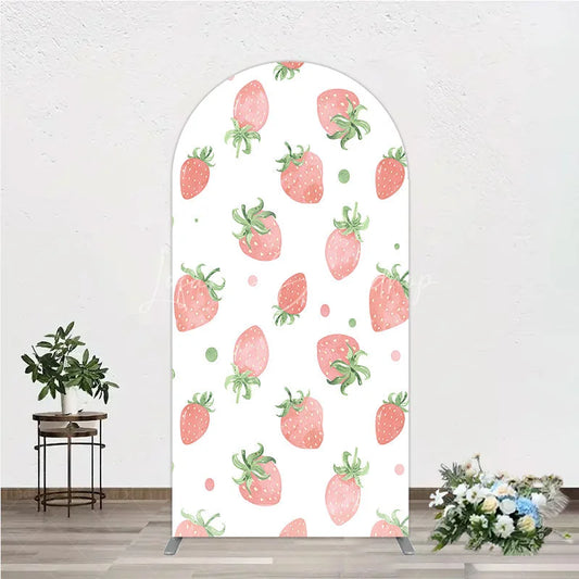 Lofaris Cute Watercolor Strawberry Pattern Round Top Arch Backdrop Pink and Green Dots for Birthday Party