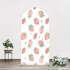 Lofaris Cute Watercolor Strawberry Pattern Round Top Arch Backdrop Pink and Green Dots for Birthday Party