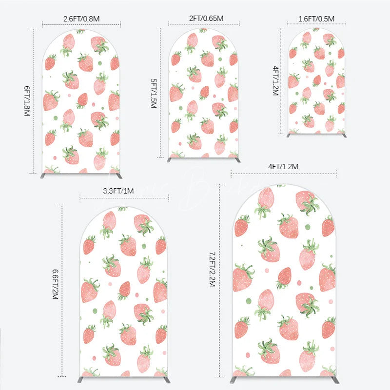 Lofaris Cute Watercolor Strawberry Pattern Round Top Arch Backdrop Pink and Green Dots for Birthday Party