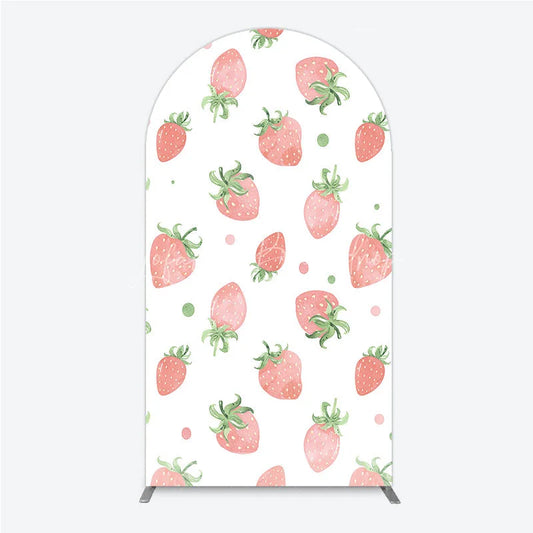 Lofaris Cute Watercolor Strawberry Pattern Round Top Arch Backdrop Pink and Green Dots for Birthday Party