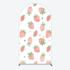 Lofaris Cute Watercolor Strawberry Pattern Round Top Arch Backdrop Pink and Green Dots for Birthday Party