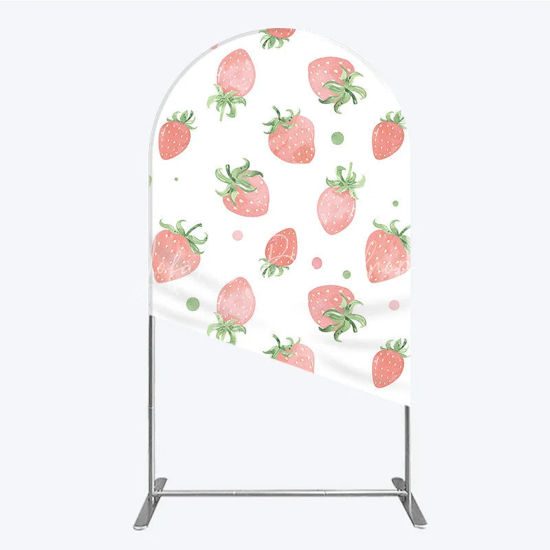 Lofaris Cute Watercolor Strawberry Pattern Round Top Arch Backdrop Pink and Green Dots for Birthday Party
