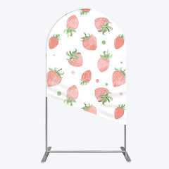 Lofaris Cute Watercolor Strawberry Pattern Round Top Arch Backdrop Pink and Green Dots for Birthday Party