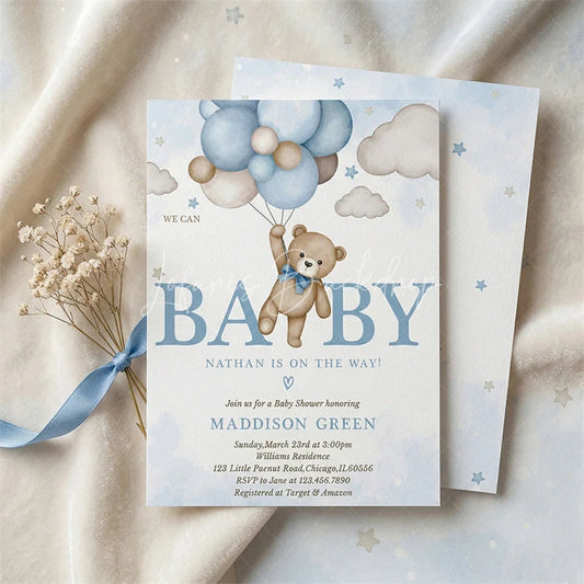 Lofaris Cute Watercolor Teddy Bear and Blue Balloon Custom Invitation Personalized Baby Shower or Birthday Party