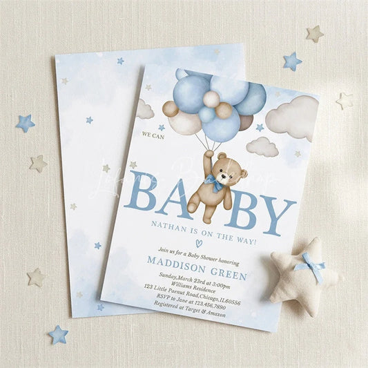 Lofaris Cute Watercolor Teddy Bear and Blue Balloon Custom Invitation Personalized Baby Shower or Birthday Party
