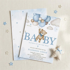 Lofaris Cute Watercolor Teddy Bear and Blue Balloon Custom Invitation Personalized Baby Shower or Birthday Party