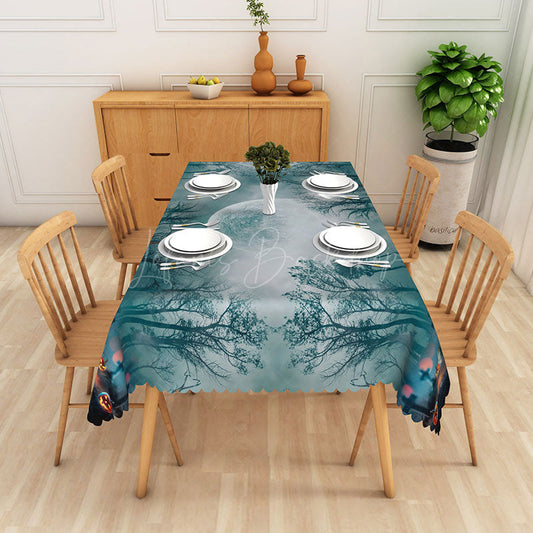 Lofaris Cyan Halloween Rectangle Tablecloth with Moon Tree and Jack O’ Lanterns for Spooky Night Scene Decor