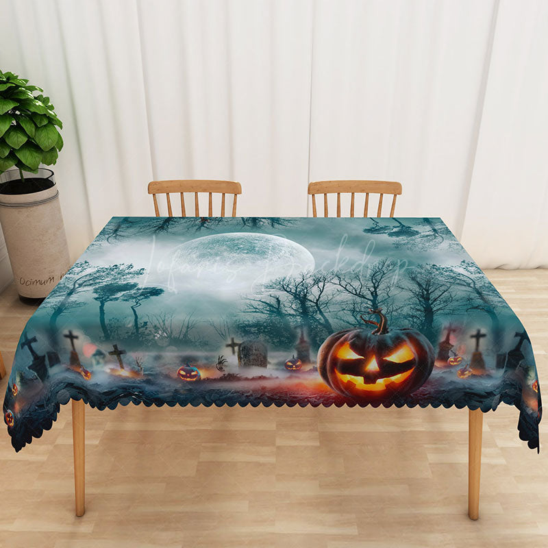 Lofaris Cyan Halloween Rectangle Tablecloth with Moon Tree and Jack O’ Lanterns for Spooky Night Scene Decor