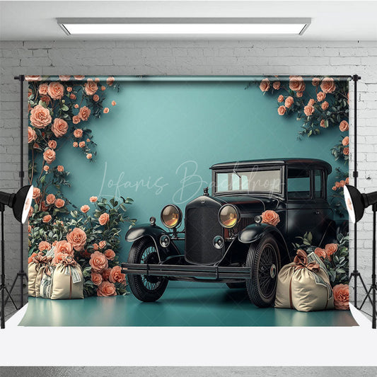 Lofaris Cyan Retro Floral Ancient Car Photography Backdrop