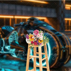 Lofaris Cyberpunk City Backdrop Sci-Fi Neon Motorcycle Photography Background Future Tech Street Photo Booth Prop