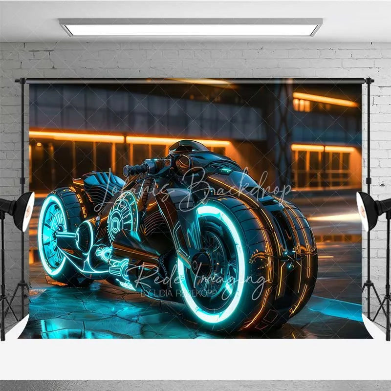 Lofaris Cyberpunk City Backdrop Sci-Fi Neon Motorcycle Photography Background Future Tech Street Photo Booth Prop