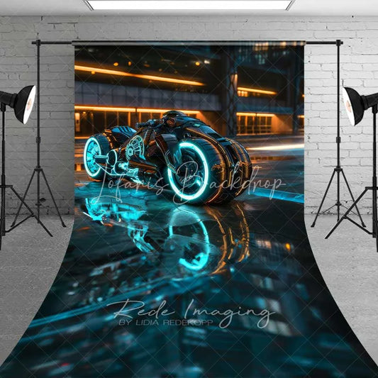 Lofaris Cyberpunk City Motorcycle Sweep Photo Backdrop Sci-Fi Neon Bike Street Background Future Tech Floor Prop