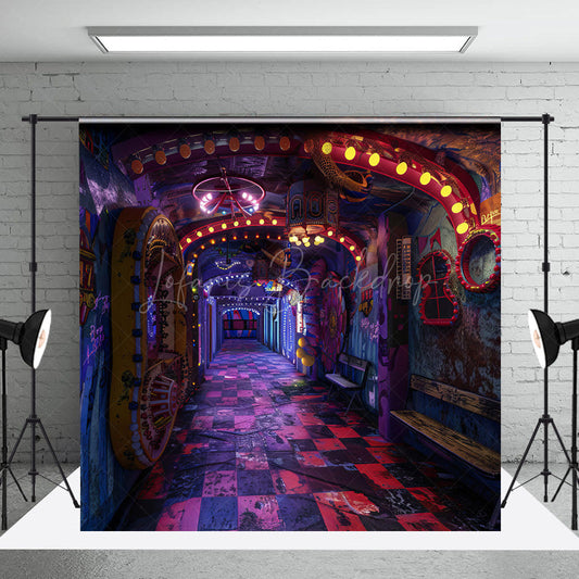 Lofaris Cyberpunk Graffiti Hallway Photography Backdrop 80s Neon Light Urban Wall for Retro Themed Photo Shoots