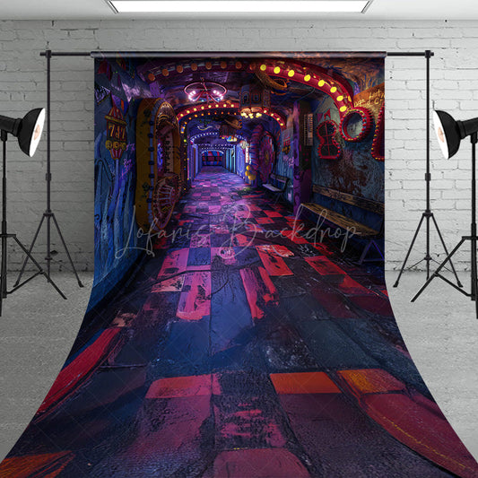 Lofaris Cyberpunk Graffiti Hallway Sweep Backdrop 80s Neon Arcade and Urban Floor Retro Party Photo Booth