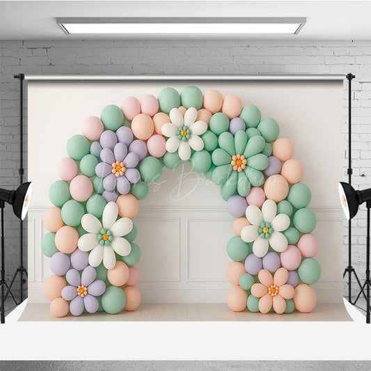 Lofaris Daisy Balloon Arch Cake Smash Backdrop Pastel Rainbow Colors with Flowers Groovy First Birthday Photo Prop