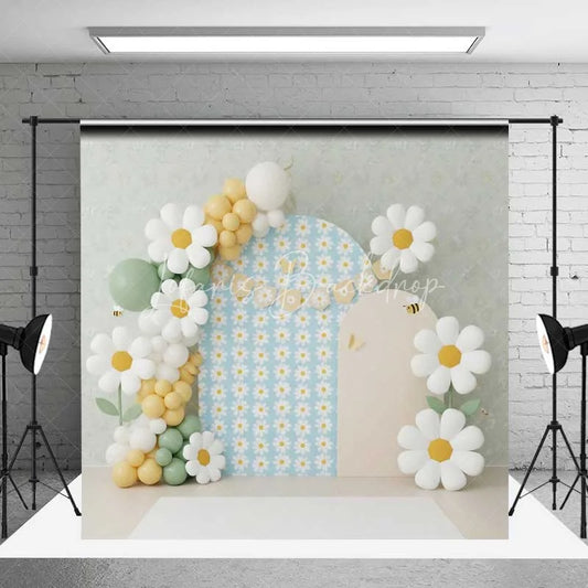 Lofaris Daisy Bee Cake Smash Backdrop Blue Floral Balloon Arch Background Boho Spring 1st Birthday Photography Studio Prop