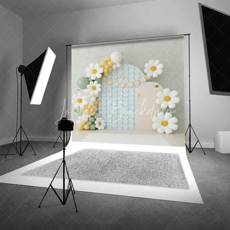 Lofaris Daisy Bee Cake Smash Backdrop Blue Floral Balloon Arch Background Boho Spring 1st Birthday Photography Studio Prop