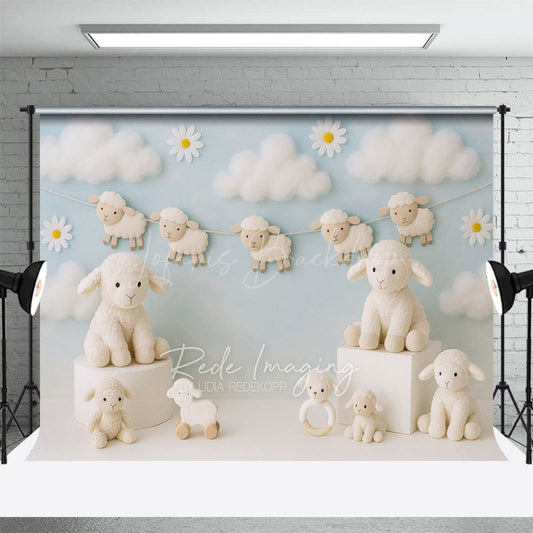 Lofaris Daisy Cloudy Floral Sheep Sweet Cake Smash Backdrop