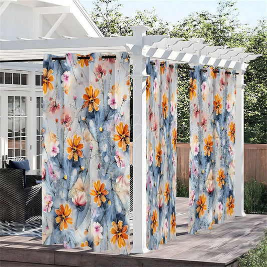Lofaris Daisy Drawing Waterproof Printed Outdoor Curtains