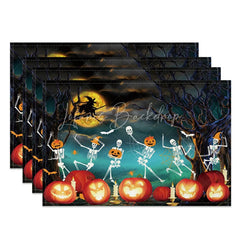 Lofaris Dancing Skeleton and Jack-O’-Lantern Halloween Set of 4 Placemats for Funny Spooky Party Decor