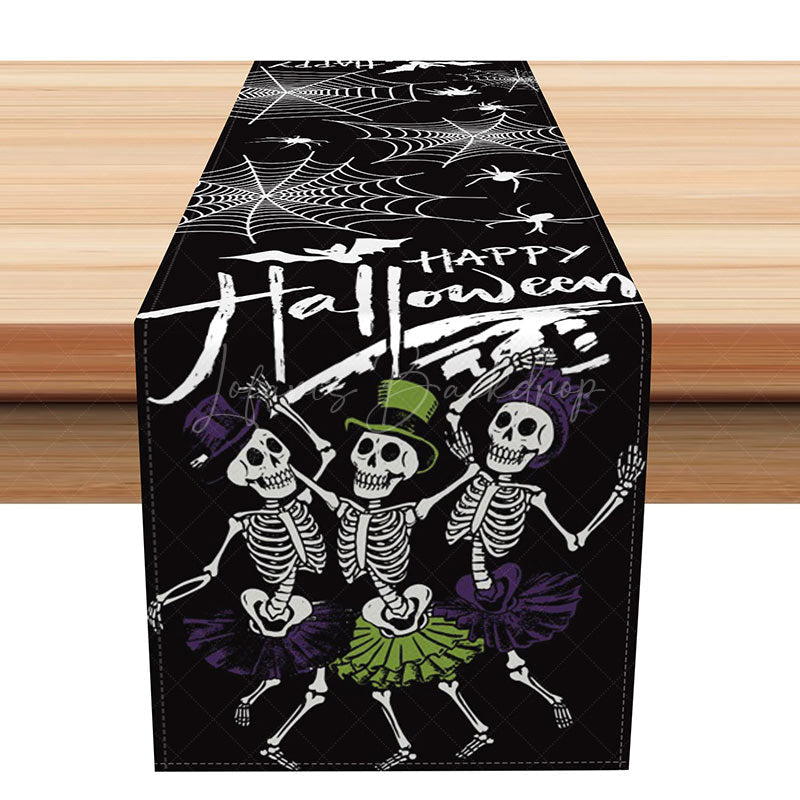 Lofaris Dancing Skeleton Table Runner with Spider Web for Funny and Spooky Halloween Party Decorations