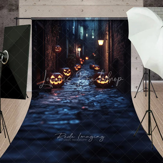 Lofaris Dark Alley with Glowing Jack-o’-Lanterns Halloween Sweep Backdrop Spooky Night Party Decor