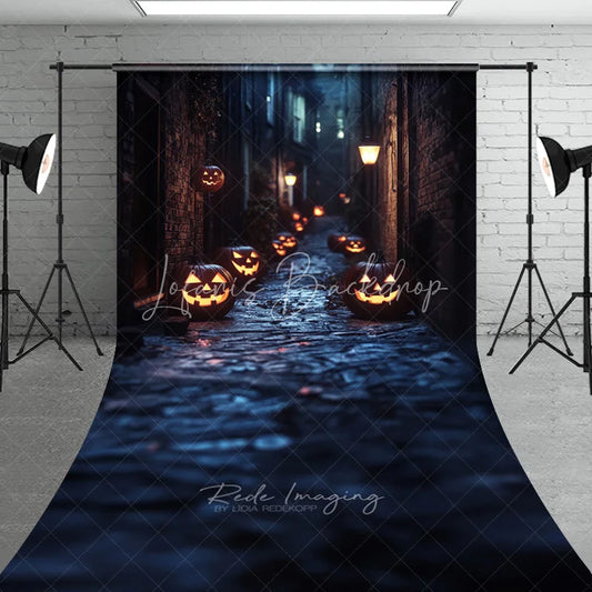 Lofaris Dark Alley with Glowing Jack-o’-Lanterns Halloween Sweep Backdrop Spooky Night Party Decor