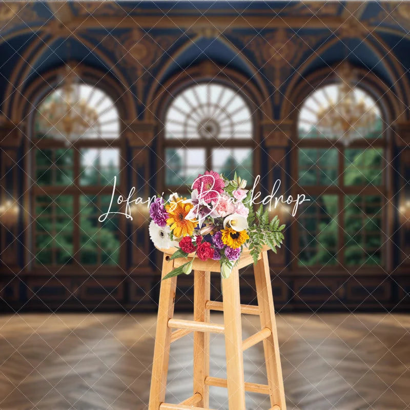 Lofaris Dark Blue and Gold Royal Palace Photography Backdrop with Arched Windows Forest View Elegant Interior Decor