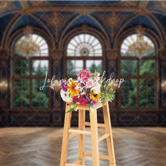 Lofaris Dark Blue and Gold Royal Palace Photography Backdrop with Arched Windows Forest View Elegant Interior Decor