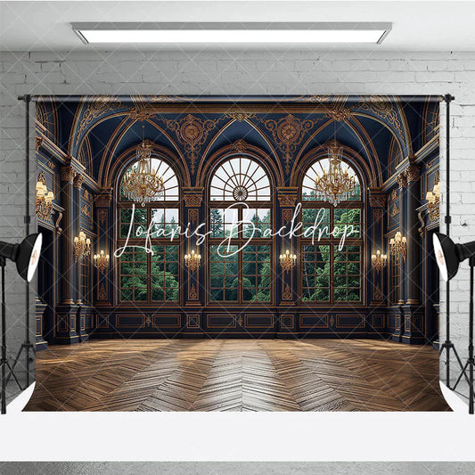 Lofaris Dark Blue and Gold Royal Palace Photography Backdrop with Arched Windows Forest View Elegant Interior Decor