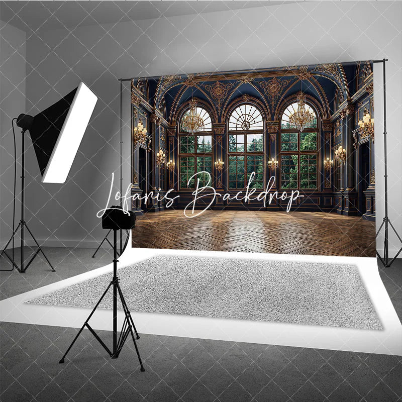 Lofaris Dark Blue and Gold Royal Palace Photography Backdrop with Arched Windows Forest View Elegant Interior Decor