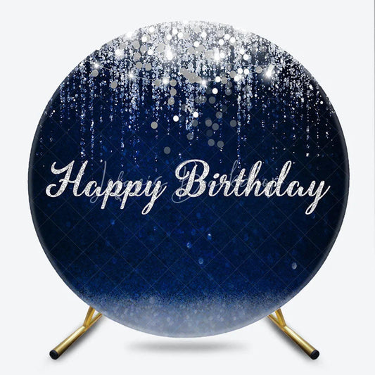 Lofaris Dark Blue and Silver Glitter Happy Birthday Round Backdrop Elegant Sparkling Celebration Party Decor for Photography