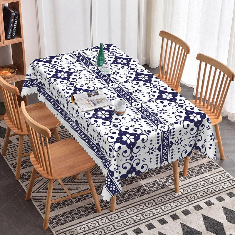 Lofaris Dark Blue and White Floral Geometric Pattern Rectangle Tablecloth Elegant Dining Kitchen Party Decor
