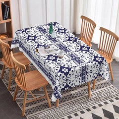 Lofaris Dark Blue and White Floral Geometric Pattern Rectangle Tablecloth Elegant Dining Kitchen Party Decor