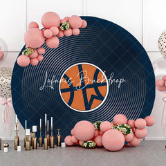 Lofaris Dark Blue Basketball Theme Round Backdrop featuring an Orange Ball and Concentric Circles for Sports Party